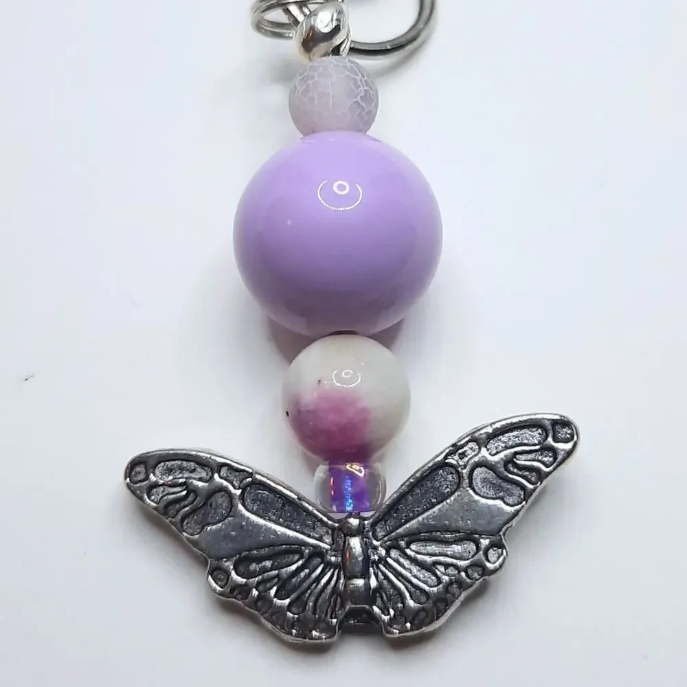 Handmade Beaded Butterfly Bag Charm Tibetan Silver Light Purple Keychain NEW